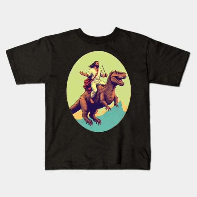 Jesus riding t rex, Funny Christian Design Kids T-Shirt by dukito